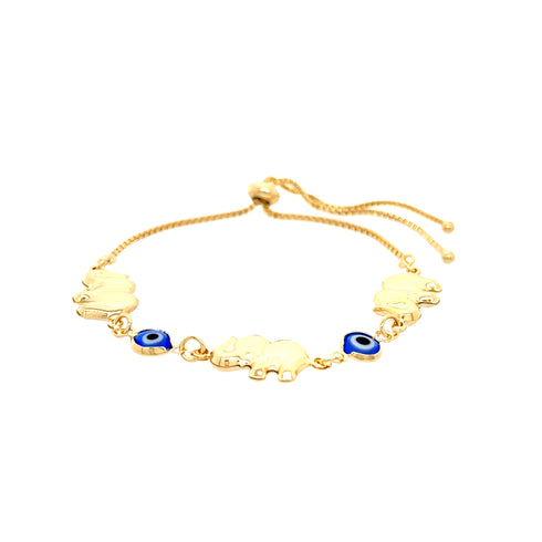 The Blue Evil Eye and Elephant Charms Bracelet, crafted from 14k gold-filled materials, showcases a delicate adjustable chain adorned with alternating blue-eye and elephant charms.